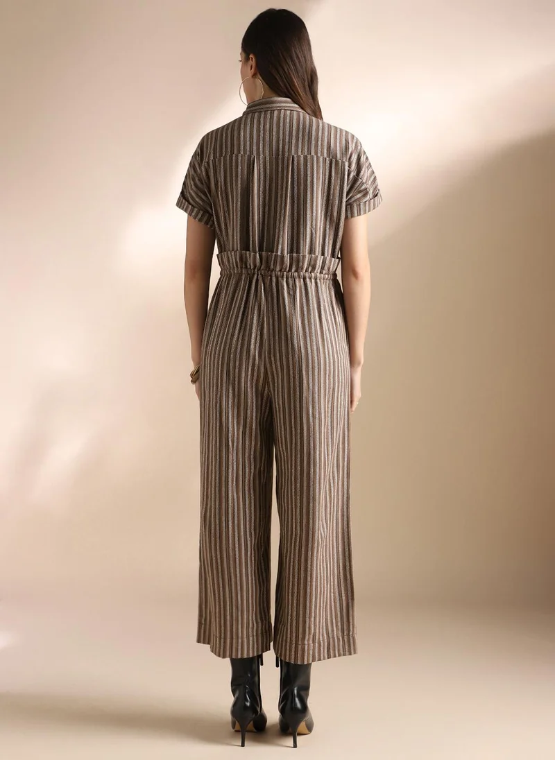 globus Brown Globus Women Brown Striped Extended Sleeves Collared Neck Waist Tie-Ups Wide Leg Jumpsuit for Women | Best Price UAE